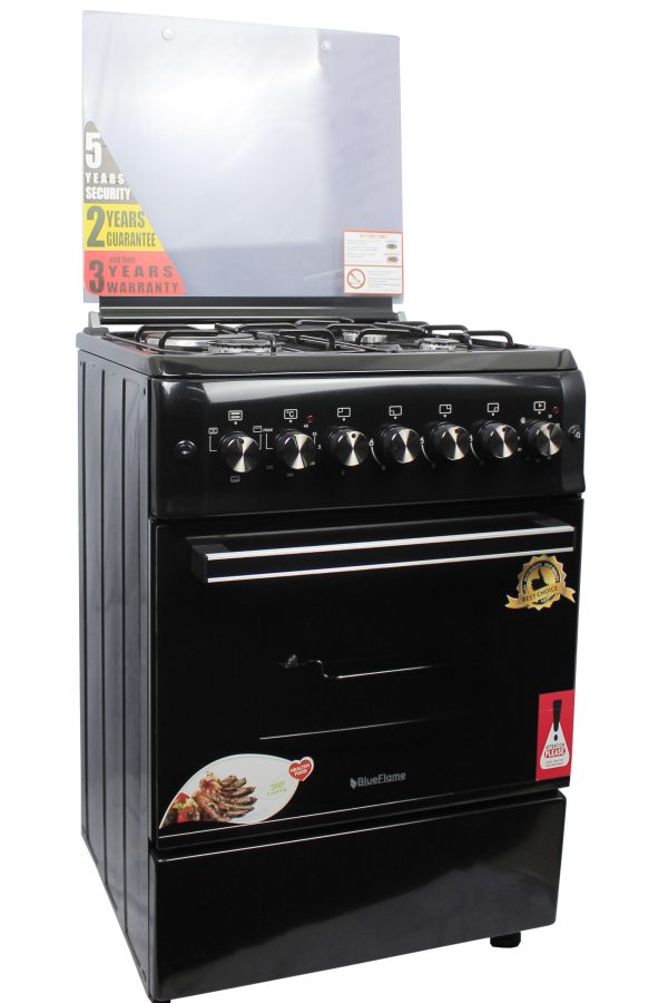 BlueFlame Cooker 60x60cm 3 Gas 1 Electric Plate With Electric Oven, Thermostat Turnspit(rotisserie), S6031EFRP - Black