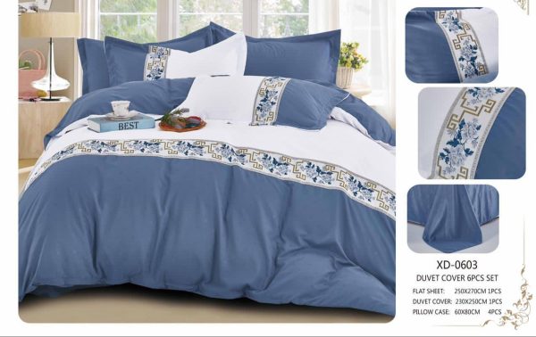 Navy blue Duvet Cover set with 1 bedsheet, 4 pillow cases, 1 Bedspread Protector Size, Quilt Cover 6 by 6 ft - navy blue and white
