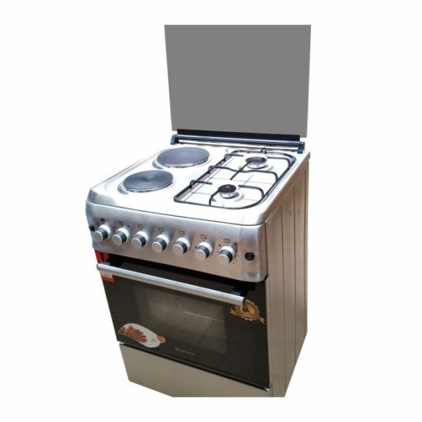 Blueflame Cooker 60x60 2 Gas burner 2 Electric Hot plates (2+2) With Electric Oven & Grill, Auto Ignition, Rotisserie, Oven Lamp – Silver