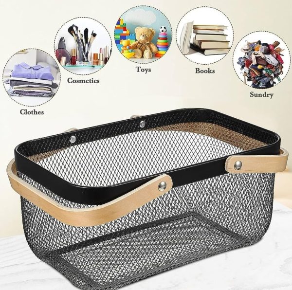 Portable Garden Harvest Basket-Mesh Design Natural Bamboo Handle Wire Storage Baskets