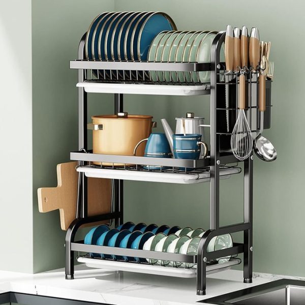 3 Layer Dish rack Drainer Storage Rack Metallic utensil Organizer and Drying rack With Drainer - Black