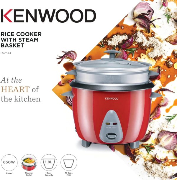 KENWOOD Rice Cooker 1.8 Liter | 10-Cups Rice with Food Steamer Basket, Non-Stick Cooking Pot, Tempered Glass Lid, Warm/Cook Lights, Spatula Holder, Detachable Cord RCM44 - Image 3