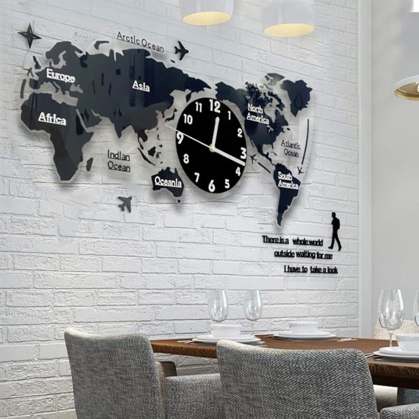 Acrylic World Map Wall Clock |  3D Silent Modern Wall Clock - Black and white - Image 4