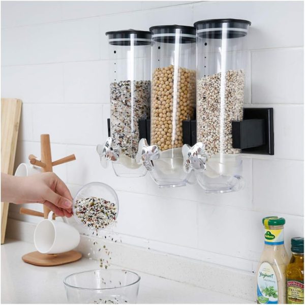 3 Cups Triple Canister Cereal Dispenser /  Wall Mount Dry Food Dispenser - Image 2